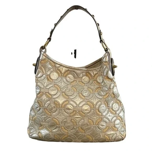 Coach Kristen Hobo Op Art Silver Gold Shoulder Bag Patchwork Beige Leather Purs - Picture 1 of 16